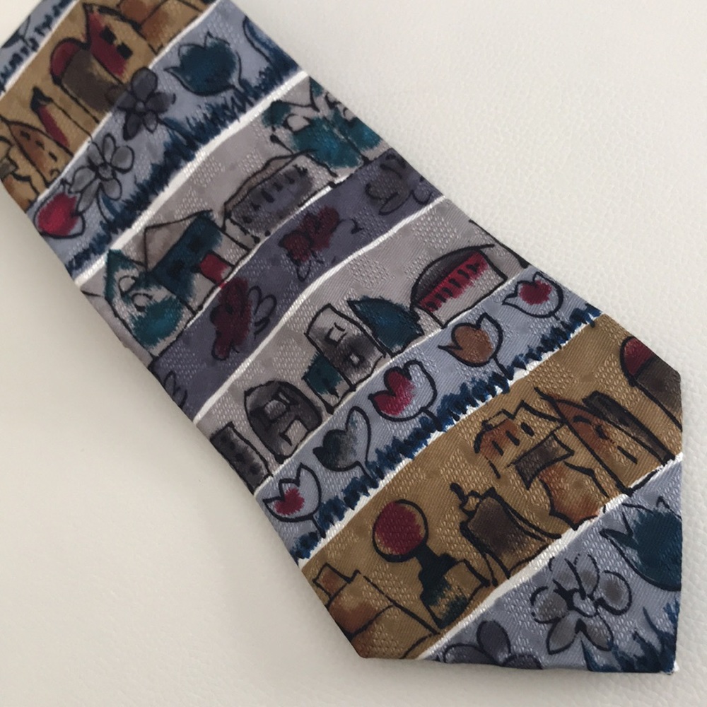 Hand Screened ‘European Village’ Silk Tie